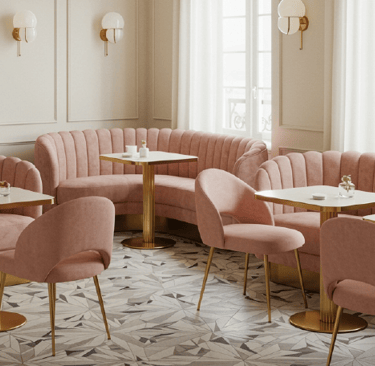 Floree Concept Dubai restaurant interior with soft pink seating,and sophisticated hospitality design