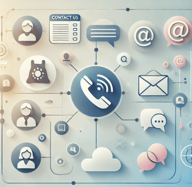Ilustração abstrata de ícones conectados de telefone, e-mail, chat e nuvem, simbolizando contato.