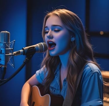 young woman singer is recording a song in a studio