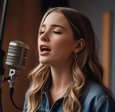 young woman singer is recording a song in a studio