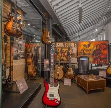 a player's guitar in a museum