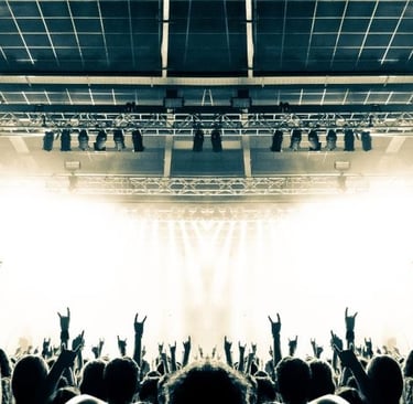 a crowd of people standing in front of a stage