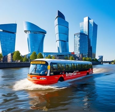 a bus in rotterdam is driving down the river in front of a large building