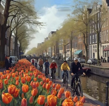 Cyclists riding along an Amsterdam canal lined with vibrant orange tulips and historic Dutch architecture.