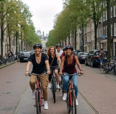 A group of smiling tourists wearing helmets while cycling on a city street in Amsterdam.