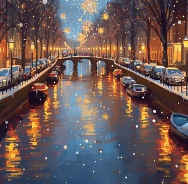 amsterdam canals with lights and snow