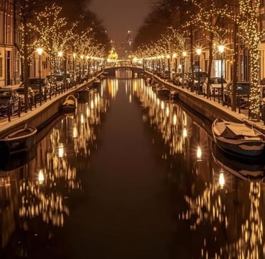 amsterdam canals with boats and christmas lights on it