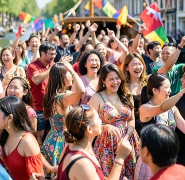 Cheerful crowd dancing and celebrating on a sunny canal boat tour in Amsterdam.