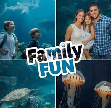 a family enjoying a sea aquarium with sharks, turtles etc.