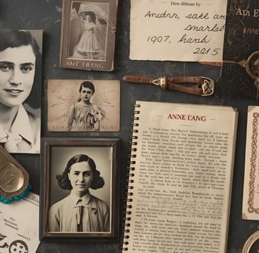 Vintage Anne Frank diary collection featuring historical black and white photos and handwritten notes.