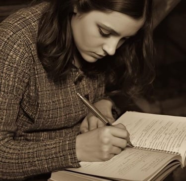 A young woman writing with a fountain pen in a notebook, captured in a sepia-toned vintage style.