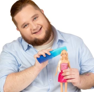 a man with a toothbrush and a barbie doll