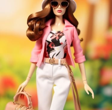 a doll wearing a pink jacket and white pants