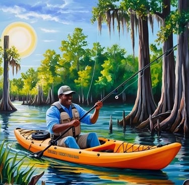 Man fishing with a cayak in a lake