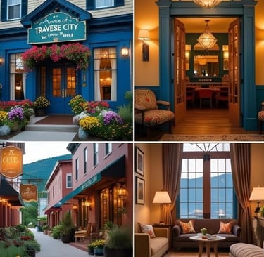 outdoors and hotelroom photo of a boutique hotel in traverse city 