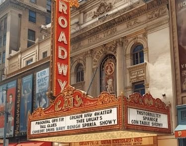 a theater in new york with the sign “broadway” on it