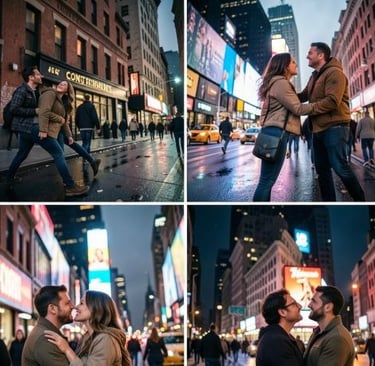 A romantic couple enjoying a date night in New York City amidst the glowing lights of Times Square.