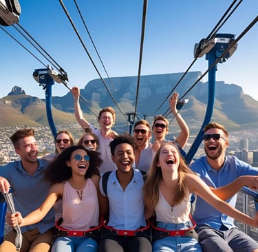 a group of people sitting on a cable car