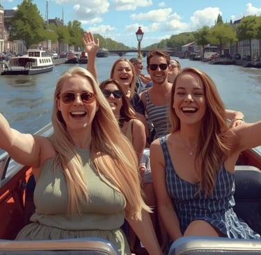 A group of happy friends taking a selfie on a canal boat tour in Groningen on a sunny day.