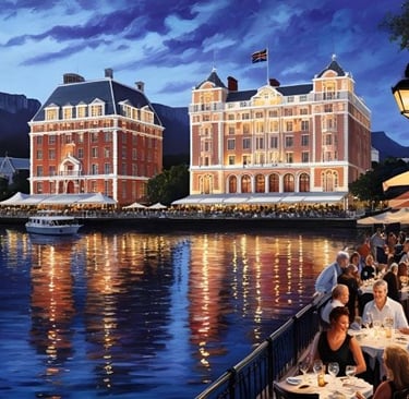 a painting of a restaurant with a view of a large building