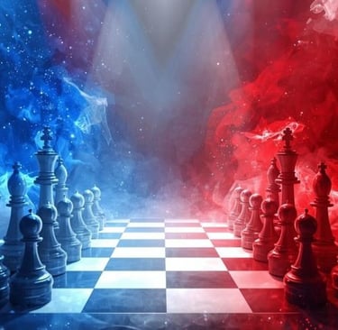 a chess game with a chess game board with blue of the usa and red of russia
