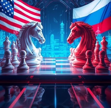a chess game with a horse with the american flag and one with the russian flag above the board