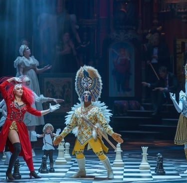 a group of people in costumes on a chess board