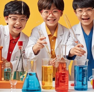 Three happy children in lab coats conducting science experiments with colorful beakers and test tubes.