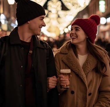 a man and woman holding beer glasses with christmas lights in the background