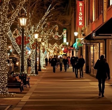 a city street scene with people walking down a street with christmas lights