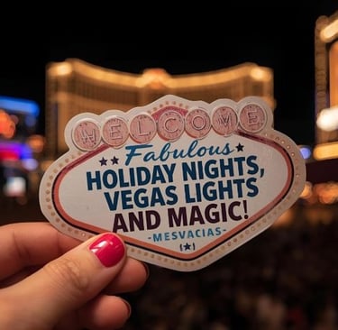 a person holding a sticker that says, holiday lights, vegas lights and magic