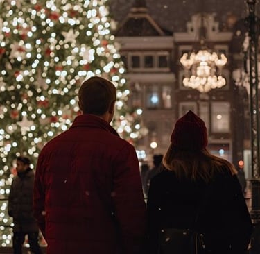a couple of people standing in front of a christmas tree