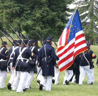 a group of men and women in uniform uniforms holding flags