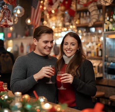 a man and woman standing in a bar with christmas