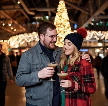 a man and woman standing in front of a christmas tree