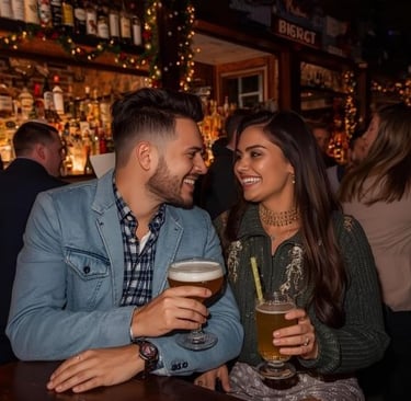 a man and woman sitting at a bar with christmas
