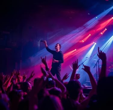 a man in a concert hall with his hands up to the microphone