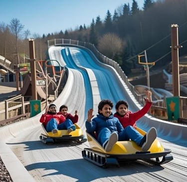 two people riding on a roller coaster at a roller coaster