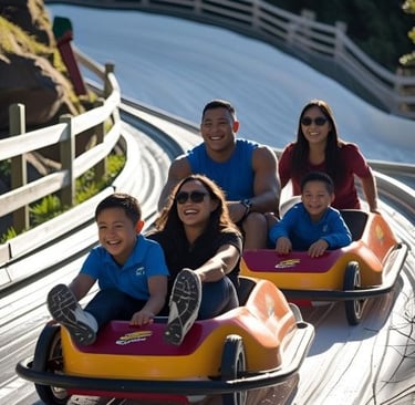 a family of four people riding on a roller coaster