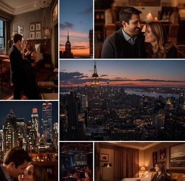 a couple kissing in a hotel room with a view of the city