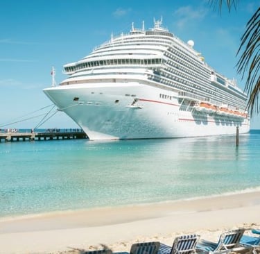 a cruise ship docked at a beach