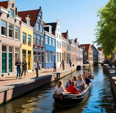 a boat on a canal with people on it