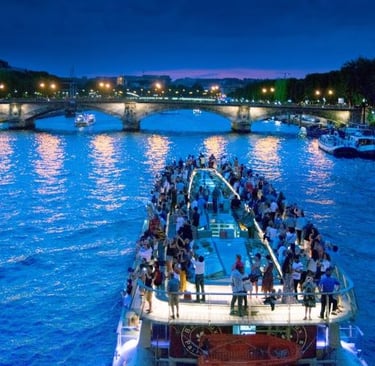 a boat with people on it in the middle of a river