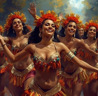 a group of women in costumes performing a dance
