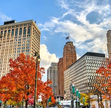 Detroit - a city street scene with a bus and a bus