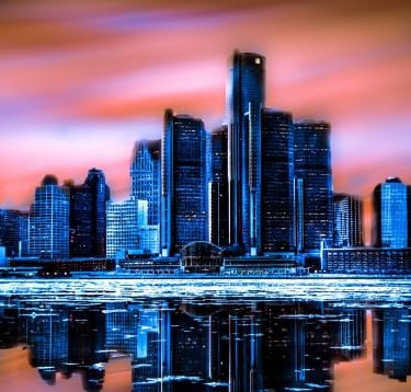 a city skyline with a red sky and a red sky