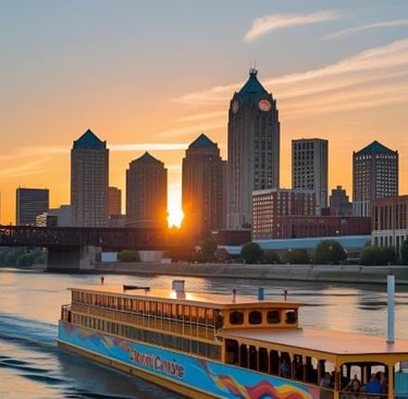 a boat on the water with a sunset in the background