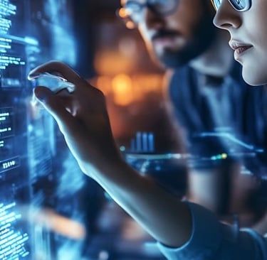Two software developers analyzing complex digital data code on a futuristic glowing touch screen interface.