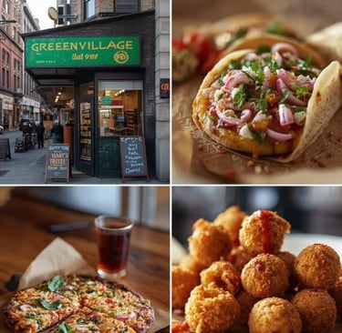 a collage of photos of a restaurant and a pizza
