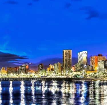 Durban city skyline with a blue sky and clouds